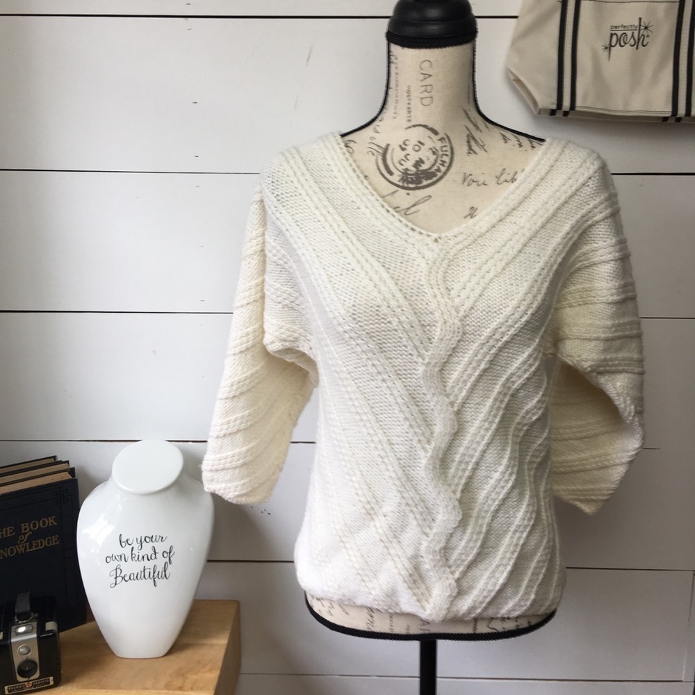 Hand Knit Cream Cable Knit Fisherman V Neck Chunky Sweater